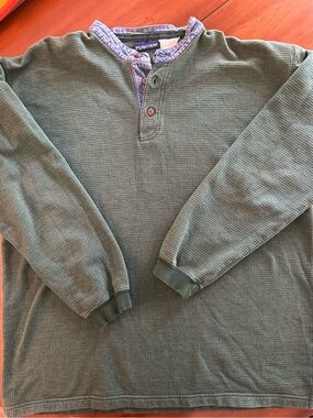 Vintage 90s Puritan Heavyweight Waffle Knit Henley Sweatshirt Green Denim Trim L